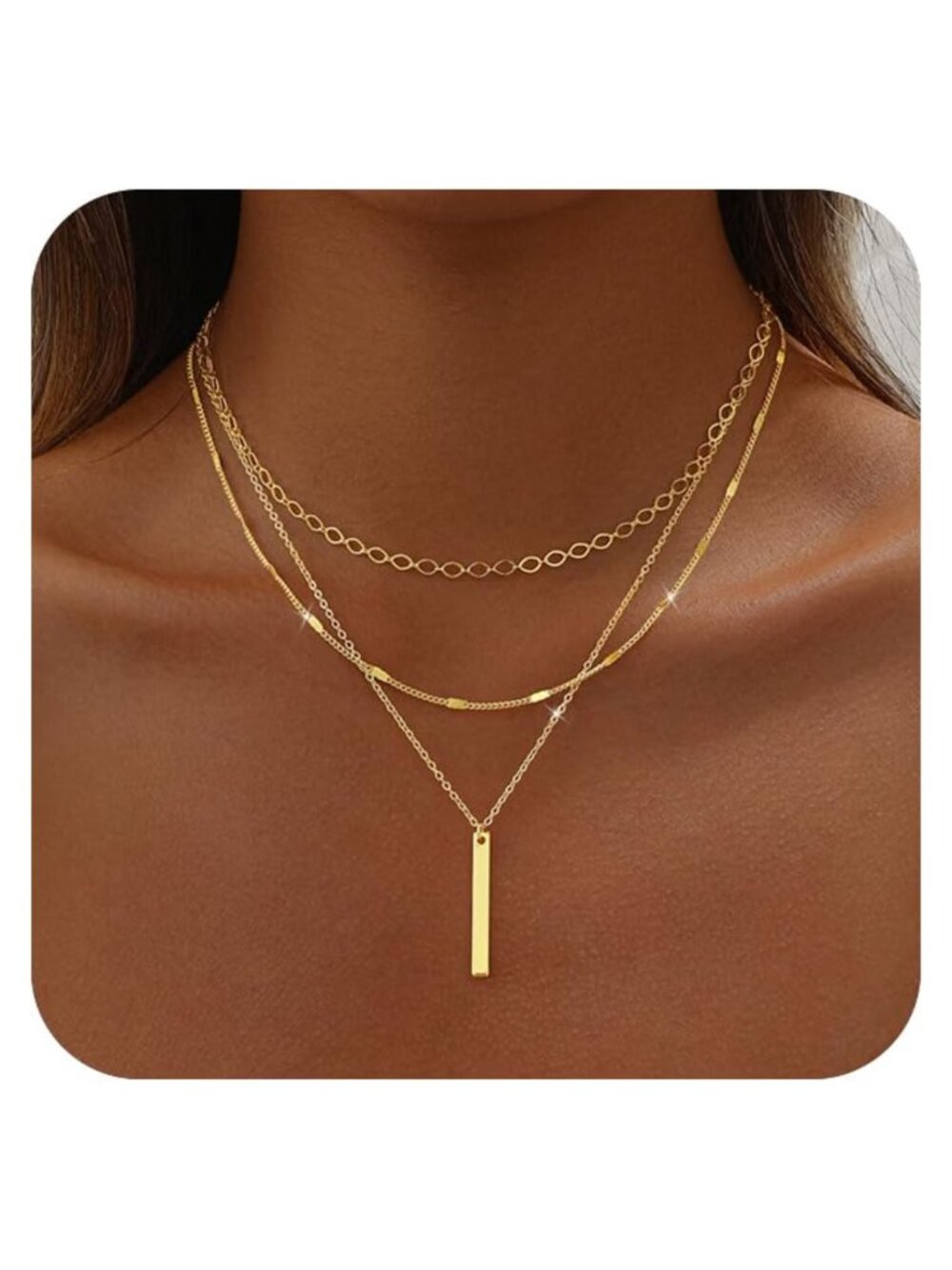 14K Gold Plated Layered Necklace Set for Women Long Bar Pendant